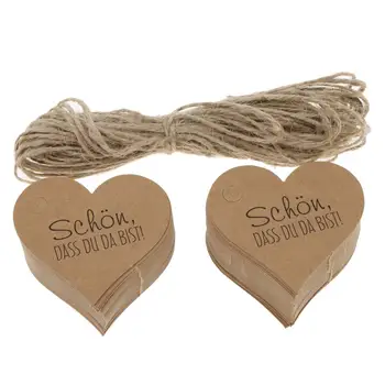 100 Paket eski püskü şık Kraft kağıt hediye etiketleri schoen dass du da bist kalp etiket düğün iyilik