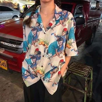 2023 Kadın Yaz Moda Karikatür Baskı Bluzlar Tops Bayan Retro Rahat Kısa Kollu Düğme T-Shirt Kore Japon Y2K Moda