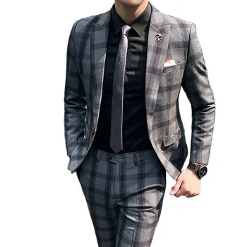 2023 Yeni (takım elbise + Pantolon) İnce Rahat Beyefendi Rahat Moda İngiliz Tarzı İş Kore Versiyonu Ekose Takım Elbise