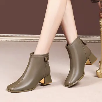 2023 Yüksek kaliteli ayakkabılar Kadınlar için Zip bayan Botları Moda Kare Ayak Ofis ve Kariyer Marka Katı Kare Topuk Çıplak Çizmeler
