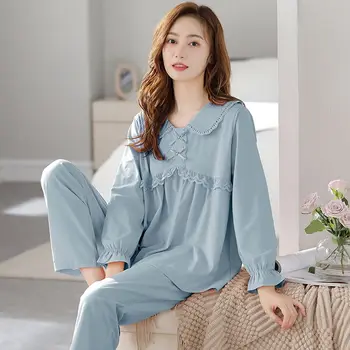 2024 Yeni Pijama Kadın İlkbahar Sonbahar Uzun Kollu Pamuklu Gevşek Büyük Boy Gecelik Takım Elbise Kadın Düz Renk Rahat Pijama Setleri