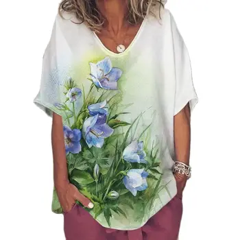 3d Güzel Çiçek Baskı Kadın T-Shirt V Boyun Kısa Kollu Streetwear Moda Rahat Harajuku Bayanlar Gevşek Giyim Üst Kadın