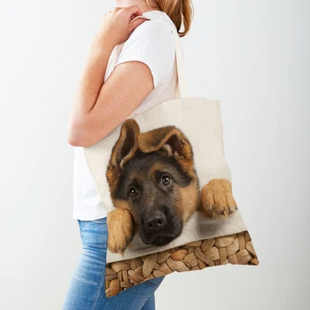 Alman Çoban Köpeği Çift Baskı Alışveriş Çantası Kadınlar için Moda Sevimli Hayvan Bayan Alışveriş Çantaları Tuval Kullanımlık Çanta