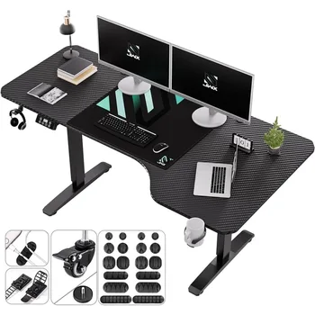 Ayakta Ayarlanabilir Masa, 63 inç L Şekilli Elektrikli Ayakta Oyun Masası Kilitleme Tekerlekleri, Bardak Tutucu, Kulaklık Kancası