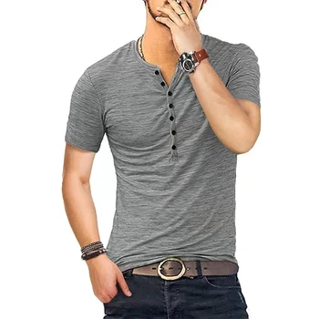 B820 Erkekler Henley T Shirt Kısa Kollu Şık Slim sağlıklı tişört Düğme Yukarı V Boyun Rahat Erkek Tişörtleri ABD Boyutu