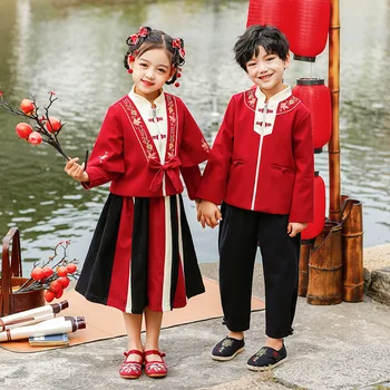 Bahar Yeni Çocuklar Çin Güzel Kostümleri Gerçekleştirmek Erkek Nakış Pamuk Antik Hanfu Kız Fotoğraf Giyim