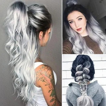 Beyaz gri degrade gümüş peruk ısıya dayanıklı sentetik saç uzun dalgalı peruk
