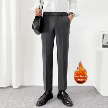 Erkek Pantolon Kalın Peluş erkek Takım Elbise Pantolon Yumuşak Cepler ile Orta Bel Kapatma Resmi İş Tarzı Pantolon Ofis Giyim için Resmi
