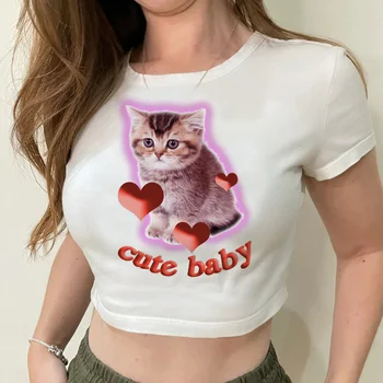 Estetik kedi baskı yk2 goth cyber y2k kırpma üst Kadın yk2 hippi Kawaii grafik tişört
