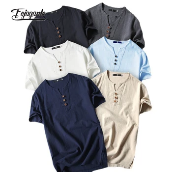 FOJAGANTO Yaz Erkek T Shirt Japon Moda Keten Düğme Tasarım İnce Slim Fit Kısa Kollu Erkek Rahat Düz renk tişört