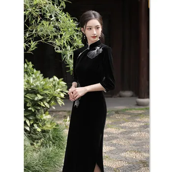 Geliştirilmiş Yeni Çin Cheongsam Qipao Siyah Vintage Kadife Vestidos 2023 Sonbahar Kış Zarif Mizaç Geleneksel Elbise