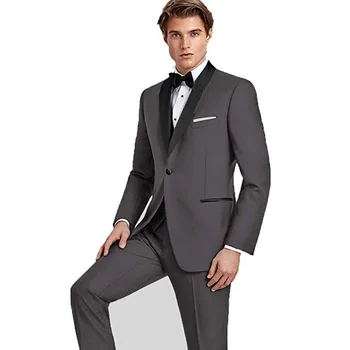 Gri Custom Made Groomsmen Damat Smokin Şal Siyah Ters Erkek Düğün Takımları En Iyi Erkek Blazer (Ceket + Pantolon + Yelek + Kravat)