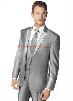Gümüş Gri Çentik Özel yapılmış Set Ince yaka Balo En Iyi adam Groomsmen Balo Takım Elbise Erkekler Düğün Takımları (ceket + Pantolon + yelek + kravat)
