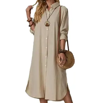 günlük elbiseler kadınlar için 2023 Uzun Gömlek Elbise Yaka Yaka Uzun Kollu Düğme Katı Zarif Gevşek Elbise Yaz Kadın Giysileri