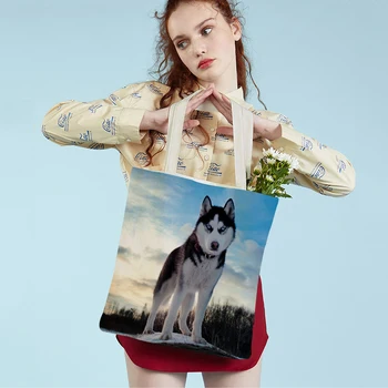 Her İki Taraflı Moda Seyahat Omuz Çantası Sibirya Husky Collie Kadın Tote Çanta Kullanımlık Katlanabilir Pet Köpek Hayvan Alışveriş Çantaları