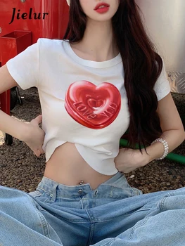 Jielur Yaz Seksi Sıcak Kızlar Kırpma Üst Kadın Aşk Baskı İnce kısa kollu tişört Kadın Beyaz Siyah T Shirt O-Boyun Streetwear