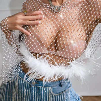 Kadın Glitter Rhinestone Tüy Kırpma Üst Seksi Mesh Fishnet See Through Kristal Sparkly Tee Üstleri Rave Festivali Parti Gömlek