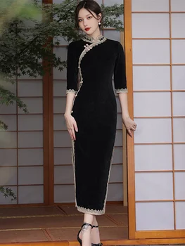 Kadın Siyah Elbise Vintage Stil Geleneksel Çin Qipao Yarım Kollu Şönil Bahar Uzun Kalın Elbise Retro Cheongsam