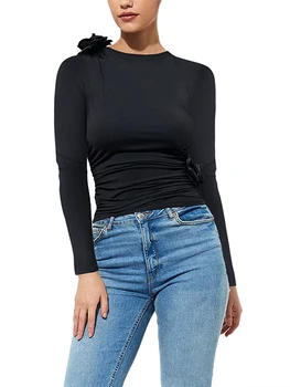 Kadın Vintage Çiçekli Baskı Uzun Kollu Bluz Zarif Slim Fit Gömlek Üst Y2K Moda Rozet Tee Sonbahar Giyim