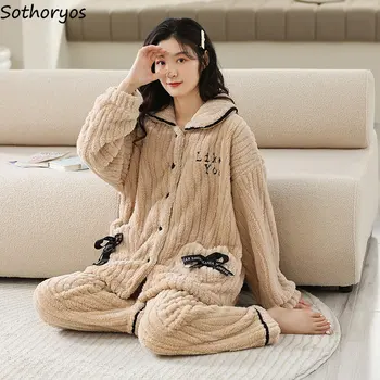 Kalınlaşmak Sıcak Artı kadife Pijama Setleri Kadın Yumuşak Basit Mektup Tasarlanmış Gevşek Eğlence Pijama Ev Kızlar Güzel Şık Yeni Kış