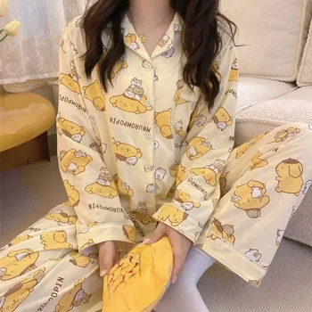 Kawaii PomPomPurin Anime Sanrio Pijama Yeni Sevimli Öğrenci Bahar Sonbahar Uzun kollu Ev Gibi Konfor Uyku Seti Kız doğum günü hediyesi