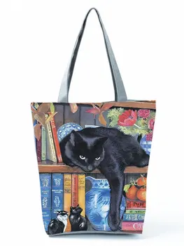 Kitaplık Siyah Kedi Baskılı Kadın omuzdan askili çanta Basit Pratik Çanta Büyük Kapasiteli Polyester Alışveriş Çantaları Seyahat kol çantası