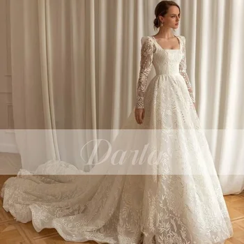 Klasik Dantel Tül Bir Çizgi düğün elbisesi Kare Yaka Tam Illusion Nakış Kollu gelinlikler Vintage Vestido de Novia 2023