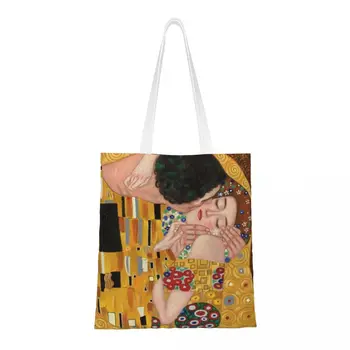 Komik Öpücük Gustav Klimt bez alışveriş çantası Geri Dönüşüm Boyama Sanat Bakkal Tuval Alışveriş omuzdan askili çanta