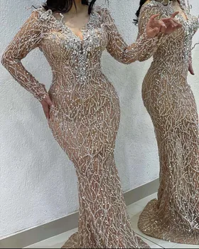 Koyu Şampanya Abiye V Boyun Boncuklu Kristaller Uzun Kollu Mermaid Vestidos De Fiesta