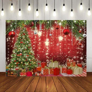 Kırmızı Fotoğraf Backdrop Merry Xmas Ağaçları Glitter Yıldız Hediyeler Topları Arka Plan Yeni Yıl Tatil Süslemeleri Afiş Fotoğraf Sahne