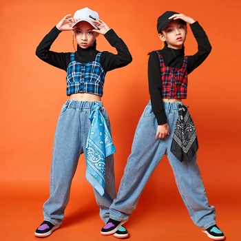 Kız Hip Hop Kırpma Üst Kazak Kot Çocuklar Streetwear Ekose Kaşkorse spor pantolonları Çocuk Giyim Setleri Caz Dans Kostümleri Kıyafetler