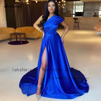 Lakshmigown Kraliyet Mavi Bir Çizgi Saten Akşam Parti Elbise 2024 Vestido De Gala Arapça Kadınlar Uzun balo kıyafetleri Yan Bölünmüş
