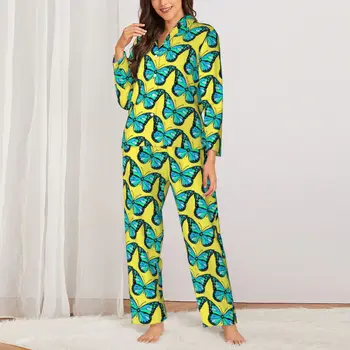 Mavi Kelebek Pijama Seti Sonbahar Hayvan Zarif Sevimli Uyku Pijama Bayan İki Parçalı Retro Boy Grafik Ev Takım Elbise Hediye