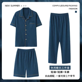 Moda Erkek Pamuklu Pijama Seti Kısa Kollu Düğme T-Shirt Şort Uzun Pantolon Pijama Loungewear Pijama Seti Erkekler için Pija