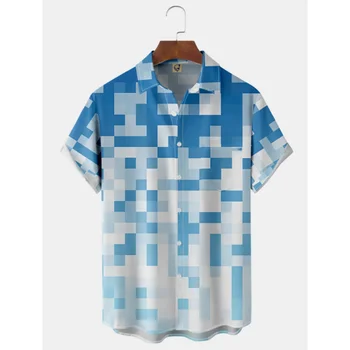 Moda Gömlek Erkekler İçin Kısa Kollu 3d Dijital Baskı Yaka Üst Ekose Gömlek Erkek Büyük Boy Giyim 2024 Yaz Casual Tees