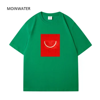 MOINWATER Kadınlar Kırmızı Karpuz Baskılı Pamuk T Shirt Kadın Yeni Rahat Serin Yaz Tees Lady Yeşil Kısa Kollu Tops MT2324
