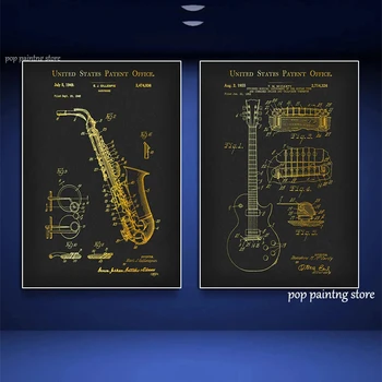 Müzik Aletleri Patent Baskılar Posteri Altın Saksafon Patent Piyano Blueprint Gitar Çizim Müzik Tuval Resim Ev Dekor