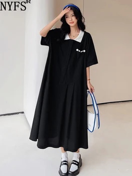 NYFS 2023 Yaz Yeni Kore Kadın Elbise Vestidos Robe Ete Femme Elbise Gevşek Artı Boyutu POLO Yaka Kısa Kollu Uzun Elbiseler