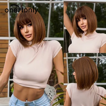 OneNonly Kısa Düz kahküllü peruk Kahverengi Peruk Doğal Sentetik Peruk Kadınlar için Günlük Cosplay ısıya dayanıklı iplik Saç