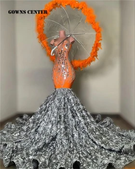Pitoresk Gri Dantelli Çiçekler Tren Ayna Parçaları Balo Elbise Siyah Kızlar İçin 2024 Mermaid Akşam Elbise Afrika düğün elbisesi