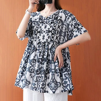 Rahat Kazaklar Yuvarlak Boyun T-Shirt Yaz İnce Gevşek Baskı Patchwork Pilili Moda Rahat Yeni kadın Giyim 2023