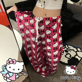 Sanrio Hello Kitty Celana Mewah Kadın Kalınlaşmış Sıcak Pijama Pantolon Sevimli Karikatür Celana Uzun Pantolon Kaki Lebar Celana Lurus Longgar