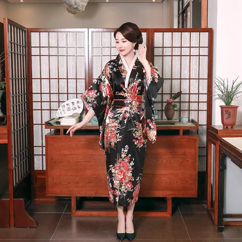 Siyah Moda Ulusal Trendleri Kadın Seksi Kimono Yukata Obi Ile Yenilik Akşam Elbise Japon Cosplay Kostüm Çiçek Bir Boyut