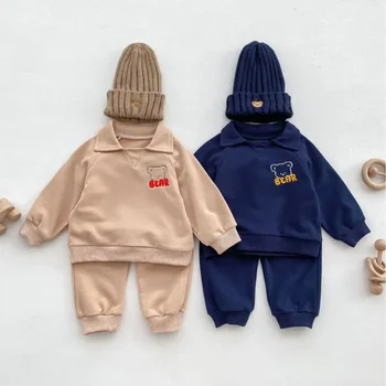 Sonbahar Erkek Bebek Kız Uzun Kollu Giyim Setleri Bebek Yürüyor Pamuk Kazak Pantolon İki Parçalı Kıyafetler Kore Yenidoğan Giyim