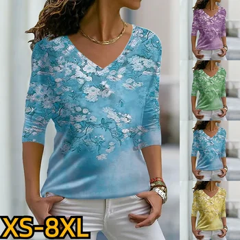 Sonbahar Kadınlar Seksi V Yaka Üst Kış İnce Giysiler Gevşek Tee Gömlek Retro Kazak 3D Baskılı Uzun kollu Günlük Büyük Boy T-shirt