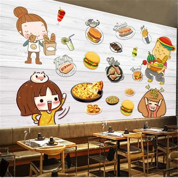 Sosisli Sandviç Pizza Burger Fast Food Restoran Ahşap Tahta Arka Plan Endüstriyel Dekor Duvar Kağıdı Snack Bar duvar kağıdı 3D