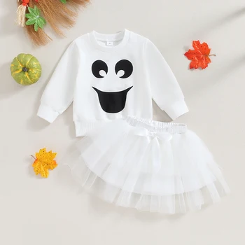 Toddler Bebek Kız Cadılar Bayramı Kıyafet Hayalet Face Baskı Kazak Tutu Etek Seti cadılar bayramı kıyafetleri Takım Elbise