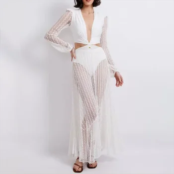 Tığ Uzun Kollu Örgü Beyaz Kadın Bikini Trend 2024 Tasarımcı Seksi Dantel Mayo kadın Lüks Plaj Kıyafetleri Mayo