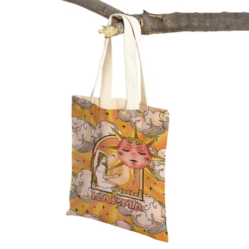 Vintage Güneş Çiçek Tırnak Tarot Rahat Kadın Alışveriş Çantaları İskandinav Eko Tuval Kız Seyahat Tote Süpermarket Alışveriş Çantası Çanta