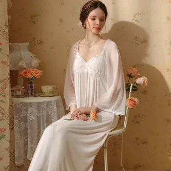 Vintage Modal Kare Yaka Nighty Romantik Prenses Pijama Kadın Tatlı Örgü Gecelik Bahar Sonbahar Dantel Uzun gece elbisesi